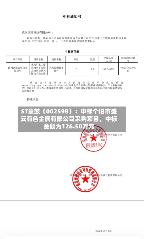 ST章鼓（002598）：中标个旧市盛云有色金属有限公司采购项目，中标金额为126.50万元-第2张图片