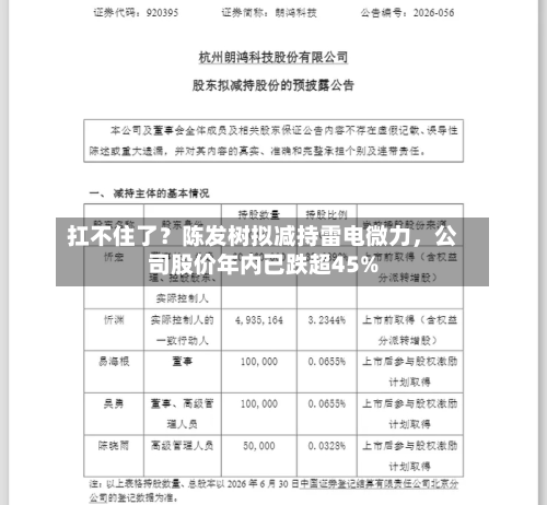 扛不住了？陈发树拟减持雷电微力，公司股价年内已跌超45%