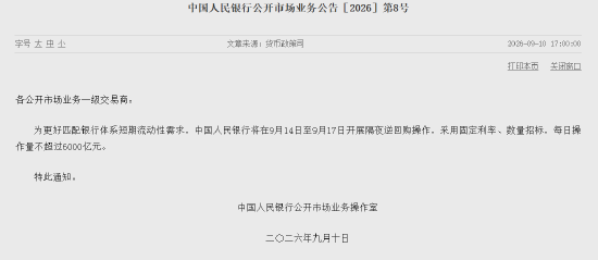 央行：将在9月14日至9月17日开展隔夜逆回购操作 每日操作量不超过6000亿元